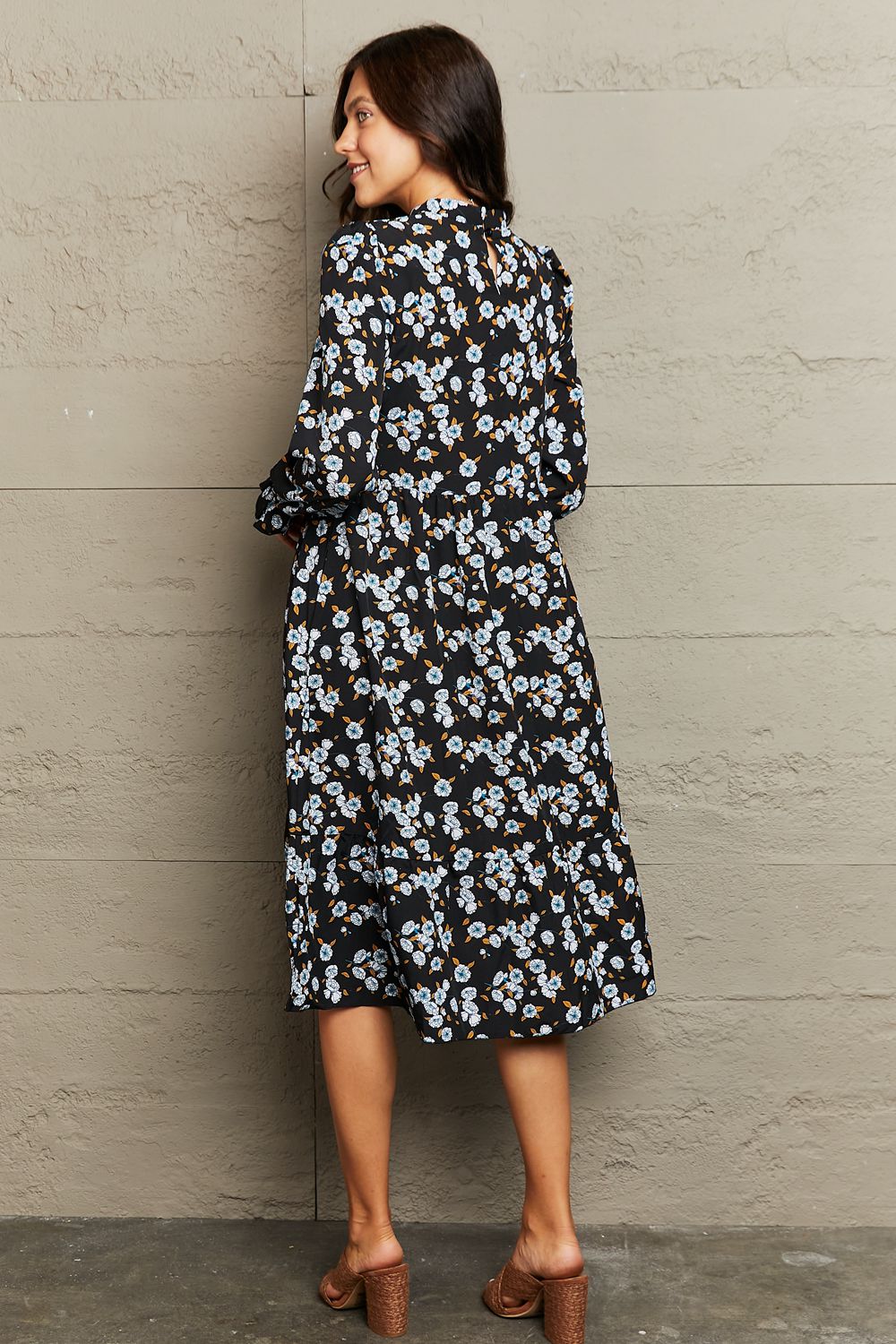 Printed Round Neck Flounce Sleeve Dress - AllIn Computer