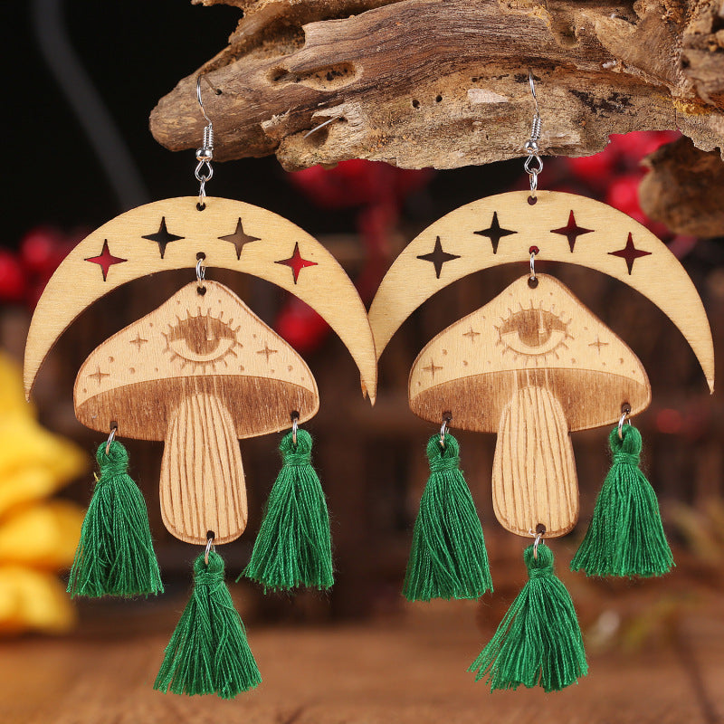 Moon & Mushroom Tassel Detail Dangle Earrings - AllIn Computer