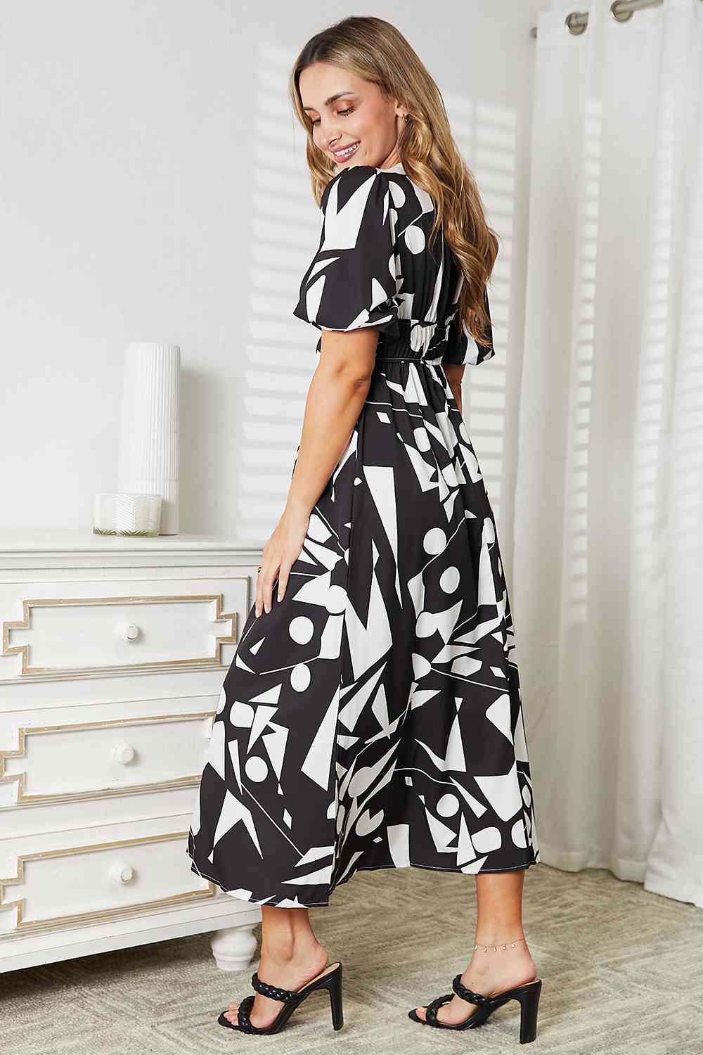 Double Take Printed Surplice Balloon Sleeve Dress - AllIn Computer