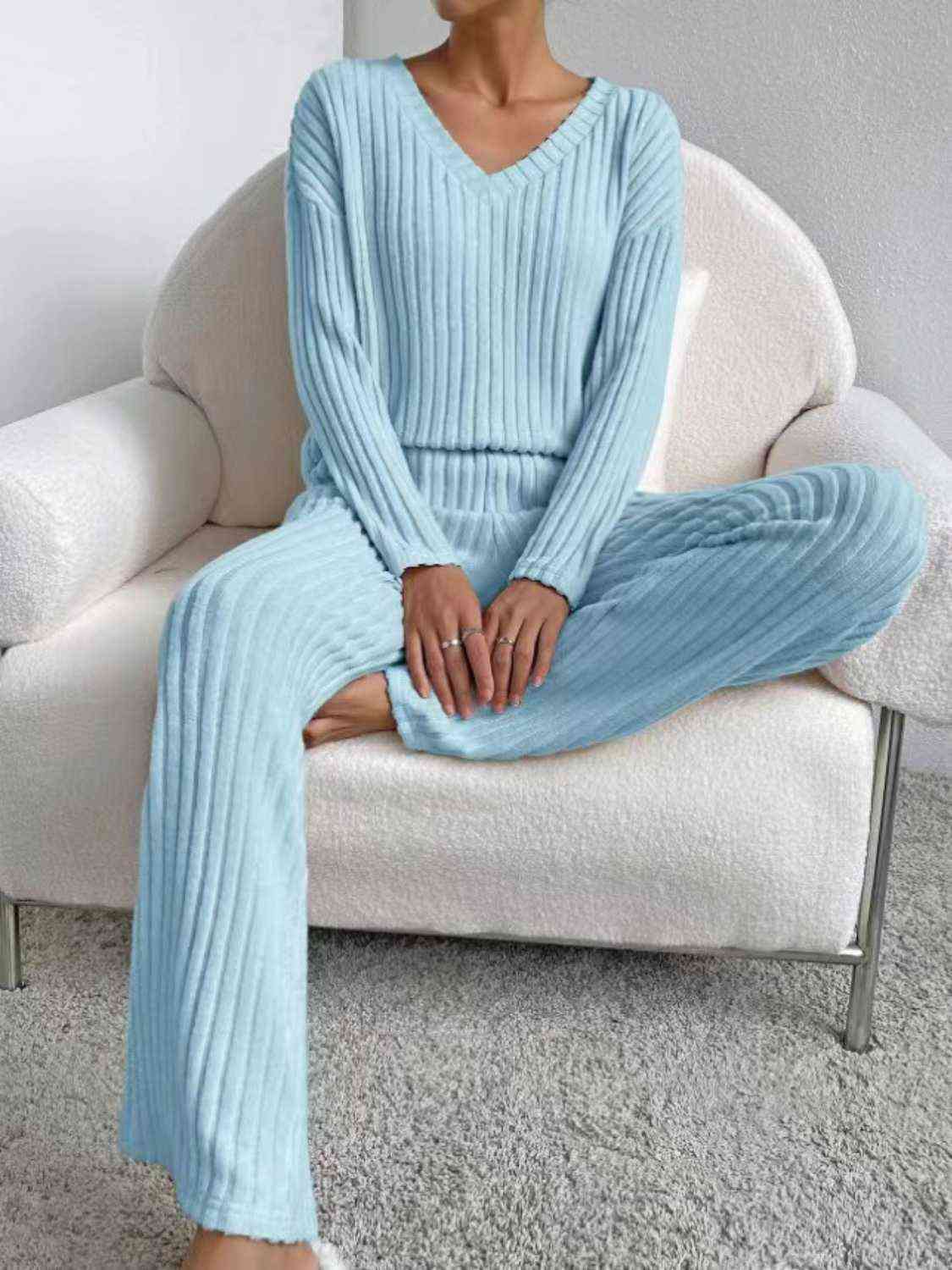 Ribbed V-Neck Long Sleeve Top and Pants Set - AllIn Computer