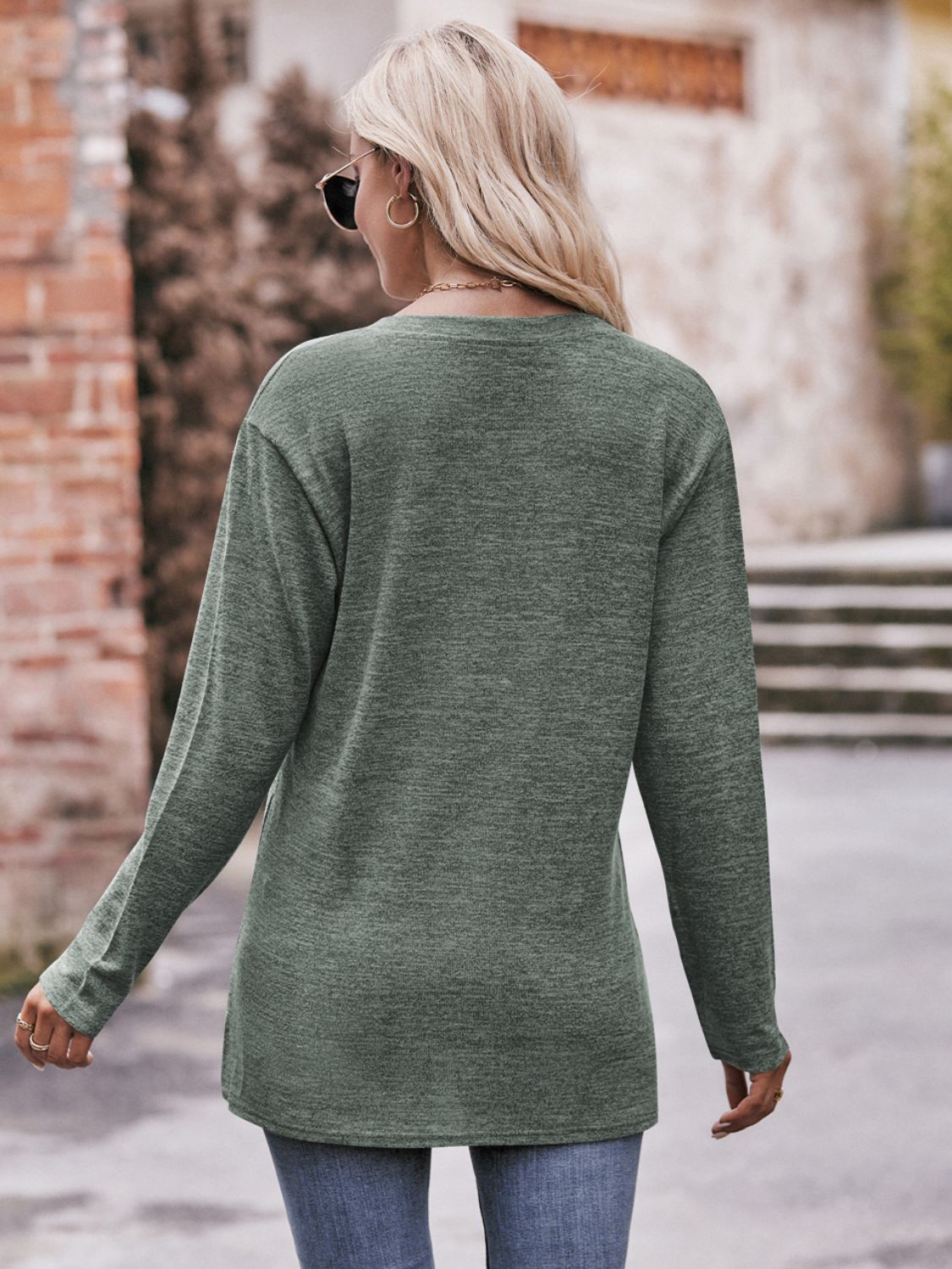 Double Take Buttoned Notched Neck Long Sleeve Top - AllIn Computer