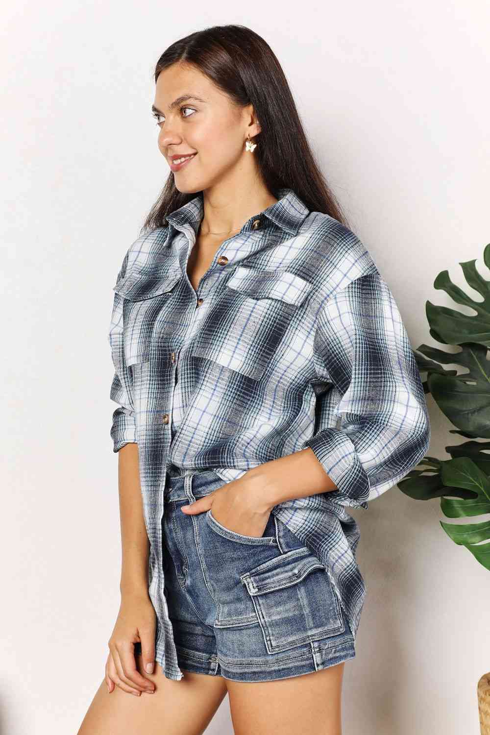 Double Take Plaid Dropped Shoulder Shirt - AllIn Computer
