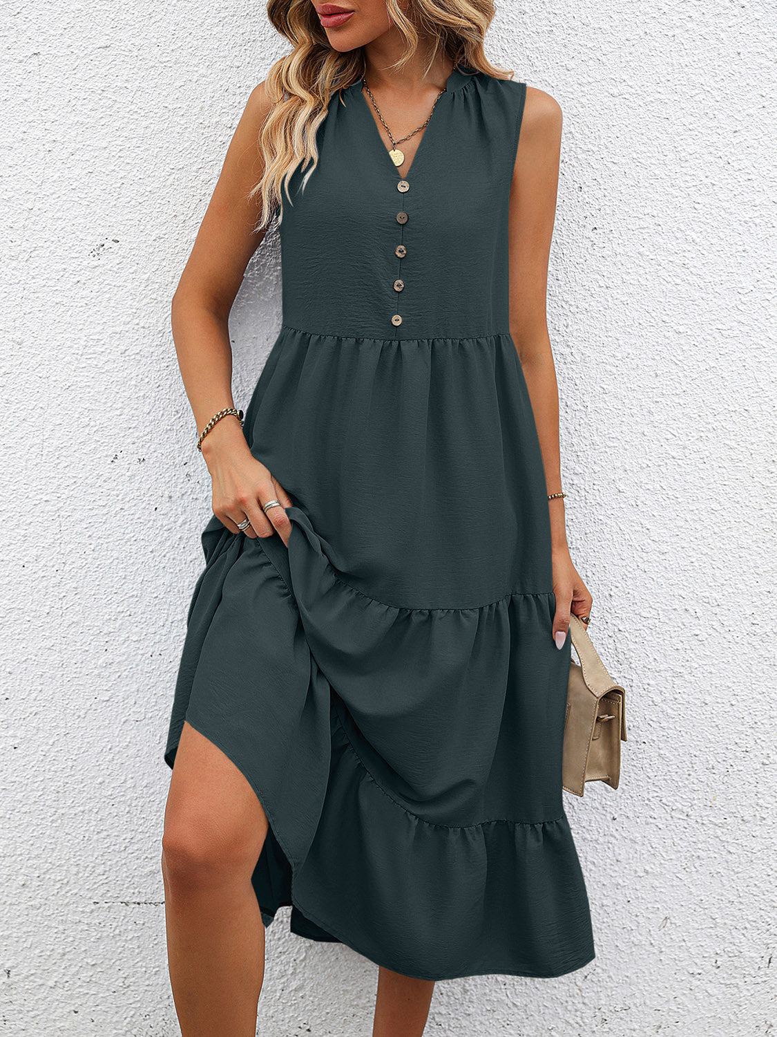V-Neck Sleeveless Tiered Dress - AllIn Computer