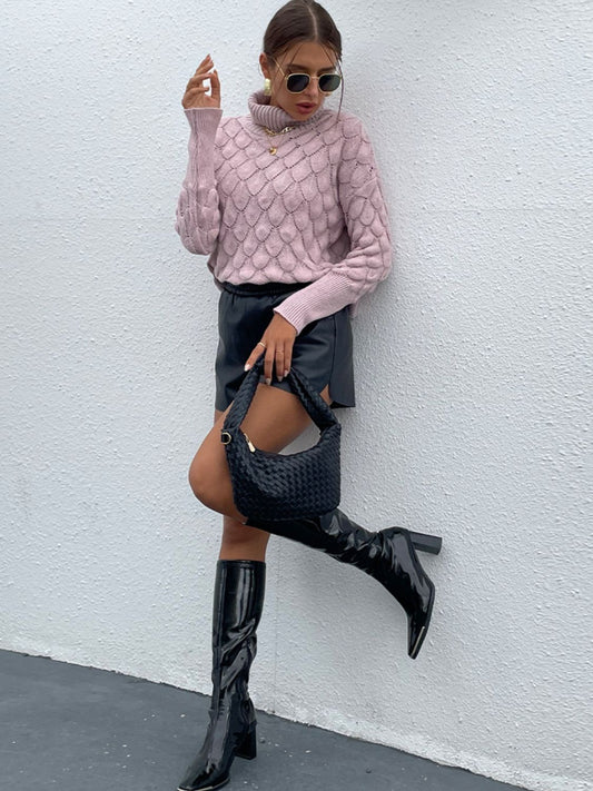 Turtle Neck Ribbed Long Sleeve Sweater - AllIn Computer