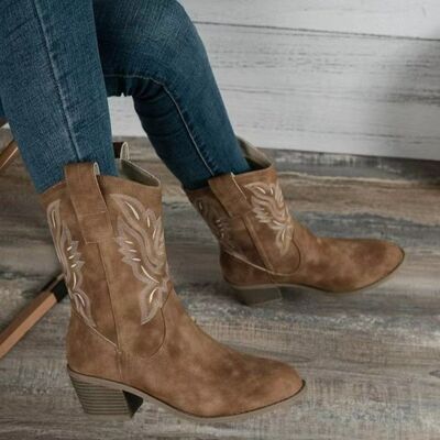 Embroidered Point Toe Block Heel Boots - AllIn Computer