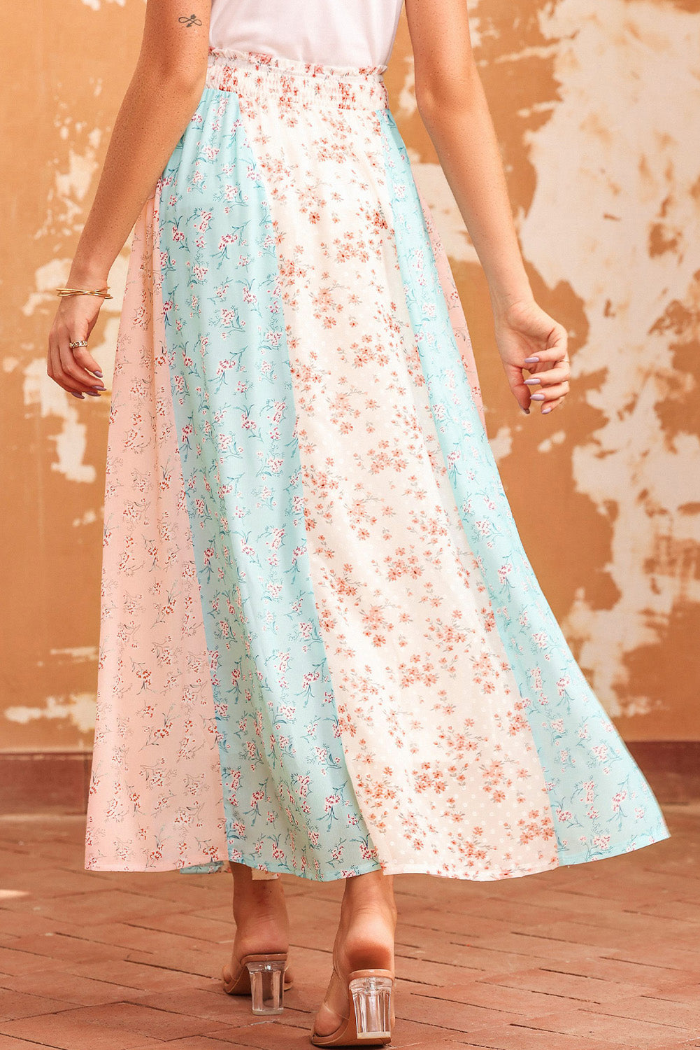 Floral Color Block Smocked Waist Maxi Skirt - AllIn Computer