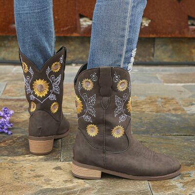 Sunflower Embroidered Block Heel Boots - AllIn Computer