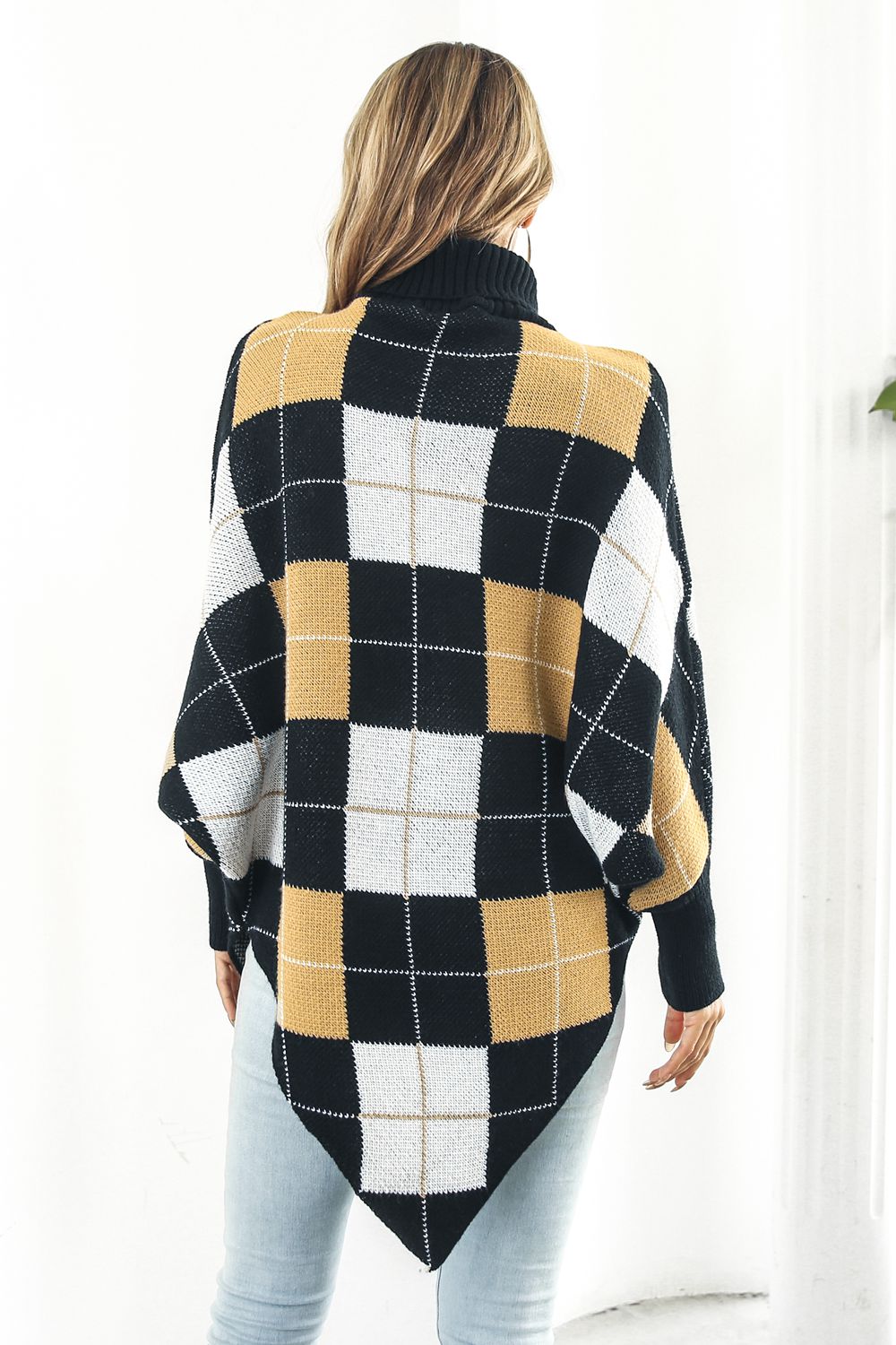 Plaid Turtleneck Dolman Sleeve Poncho - AllIn Computer