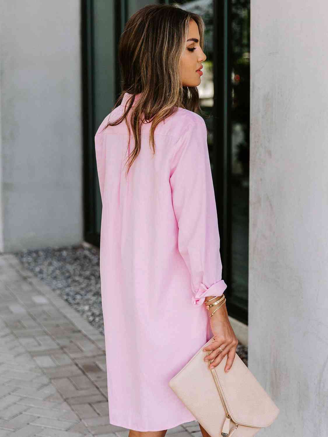 Button Up Collared Neck Long Sleeve Shirt Dress - AllIn Computer