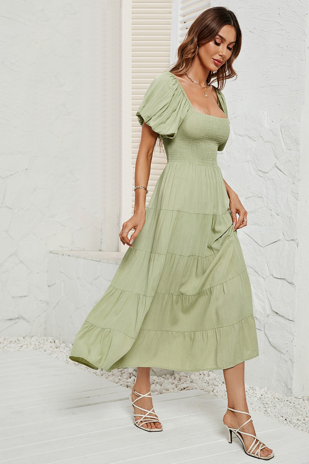 Smocked Square Neck Puff Sleeve Dress - AllIn Computer