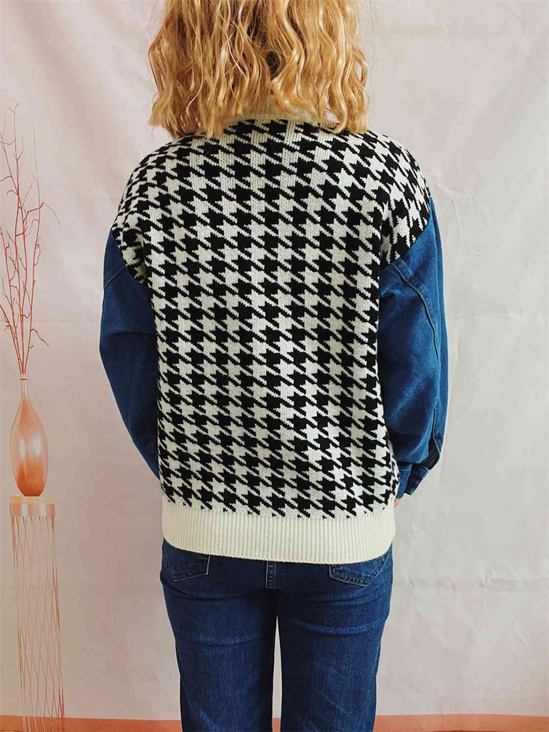 Houndstooth Denim Sleeve Sweater - AllIn Computer