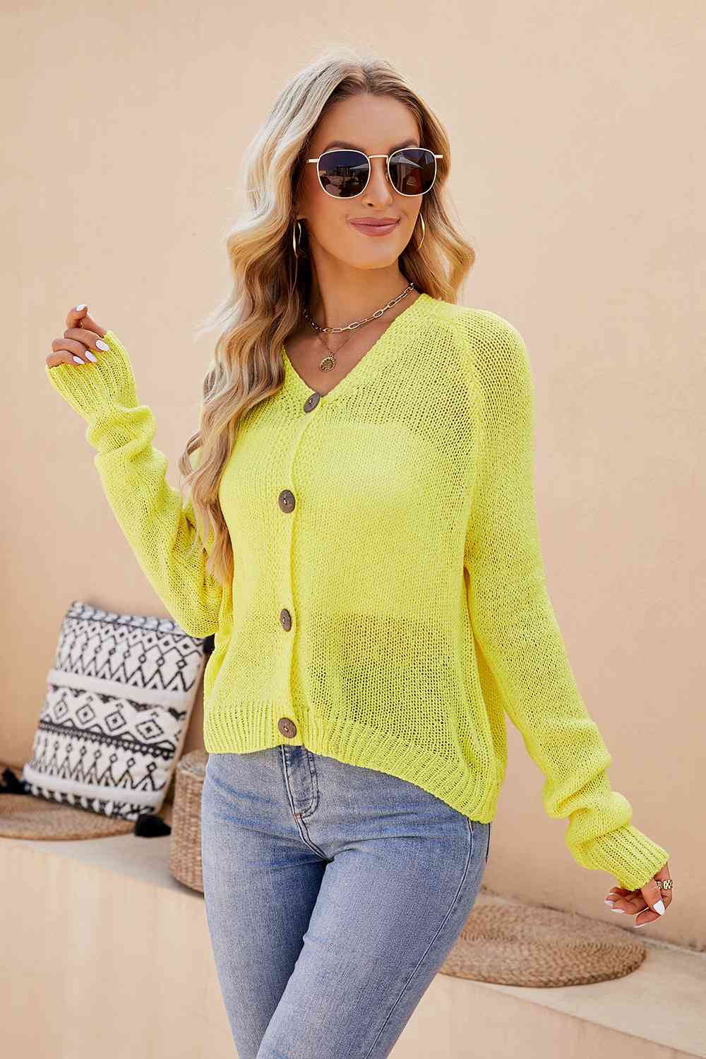 Button Up V-Neck Long Sleeve Cardigan - AllIn Computer