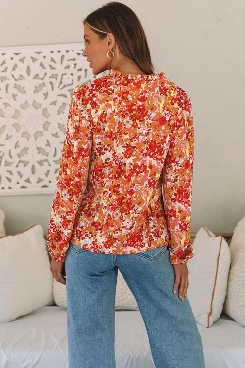 Floral Notched Balloon Sleeve Blouse - AllIn Computer