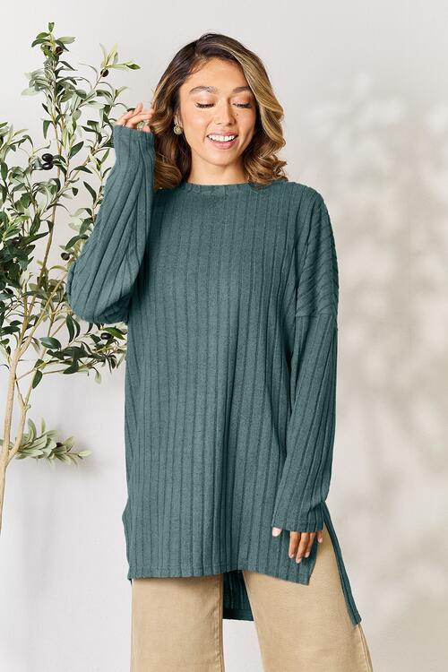 Basic Bae Full Size Ribbed Round Neck Long Sleeve Slit Top - AllIn Computer