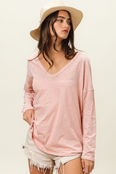 BiBi Exposed Seam V-Neck Long Sleeve T-Shirt - AllIn Computer
