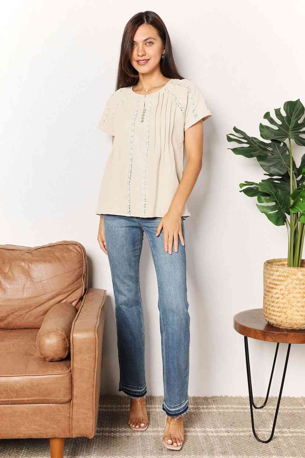 Double Take Crochet Buttoned Short Sleeves Top - AllIn Computer