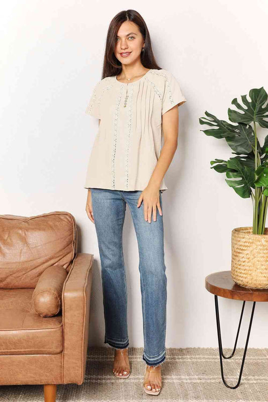 Double Take Crochet Buttoned Short Sleeves Top - AllIn Computer