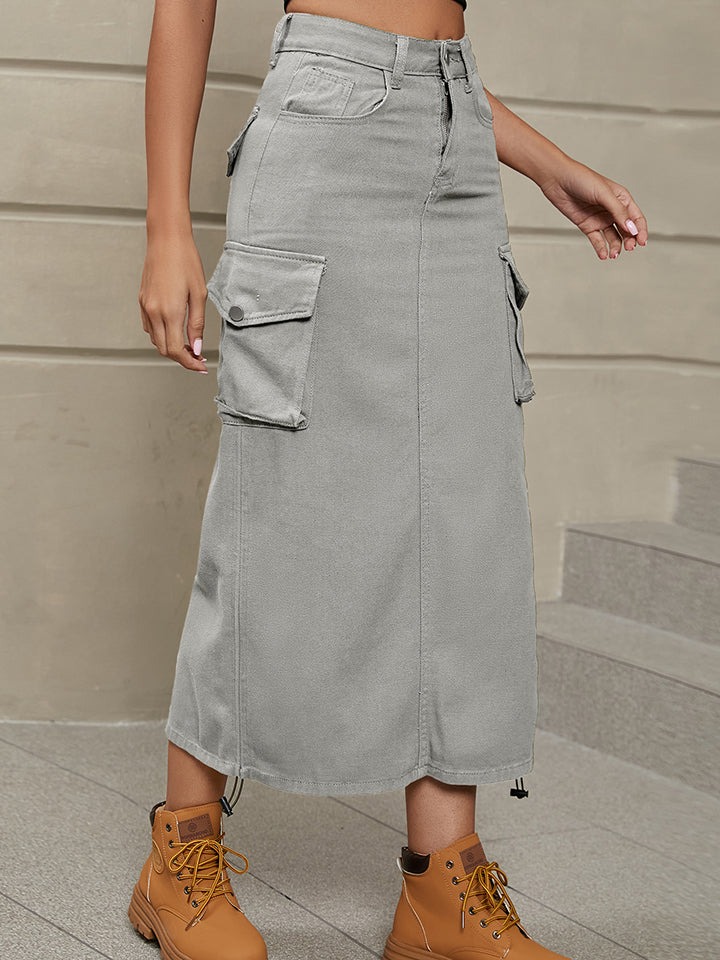 Drawstring Denim Skirt with Pockets - AllIn Computer