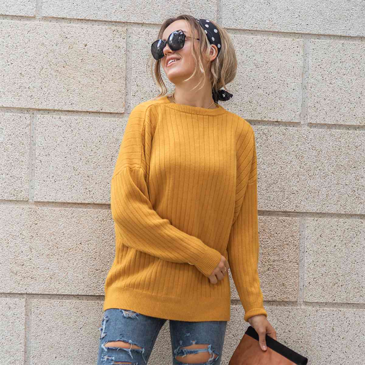 Round Neck Dropped Shoulder Sweater - AllIn Computer