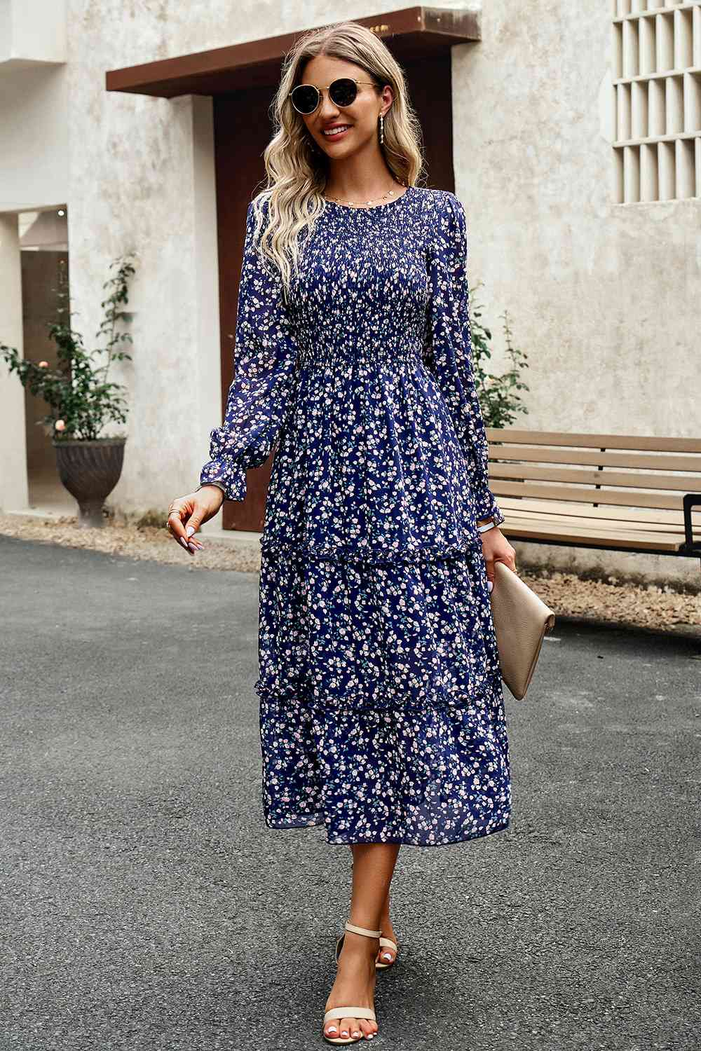 Smocked Flounce Sleeve Midi Dress - AllIn Computer