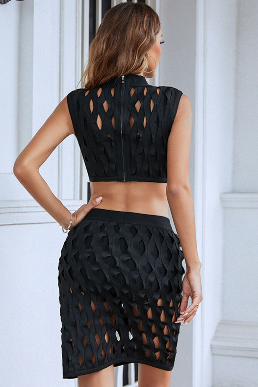 Openwork Cropped Top and Skirt Set - AllIn Computer