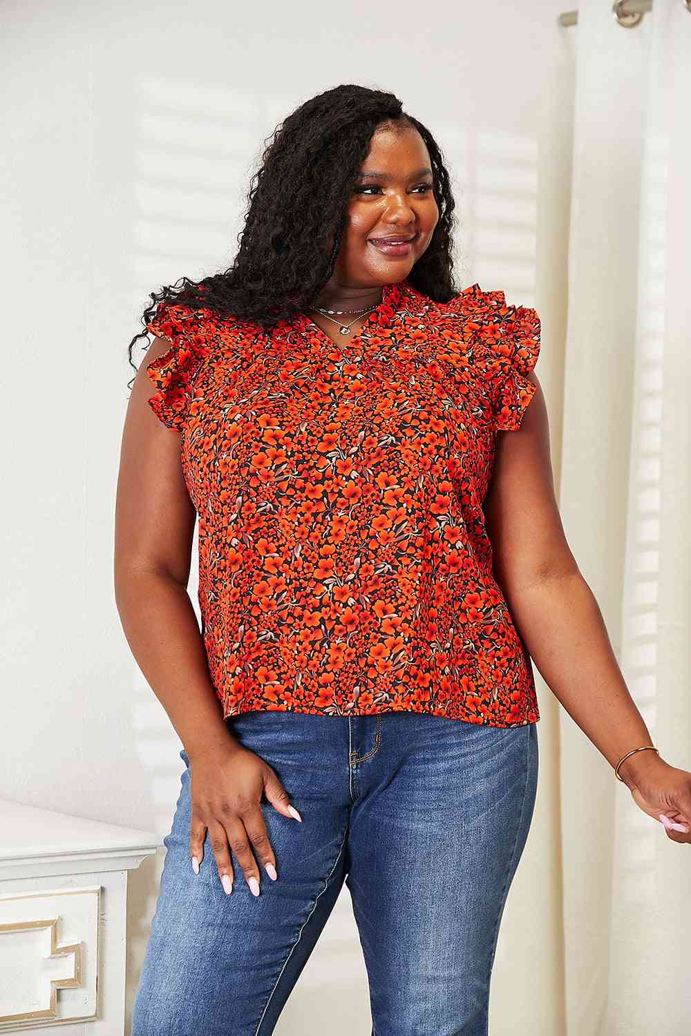 Double Take Floral Flutter Sleeve Notched Neck Blouse - AllIn Computer