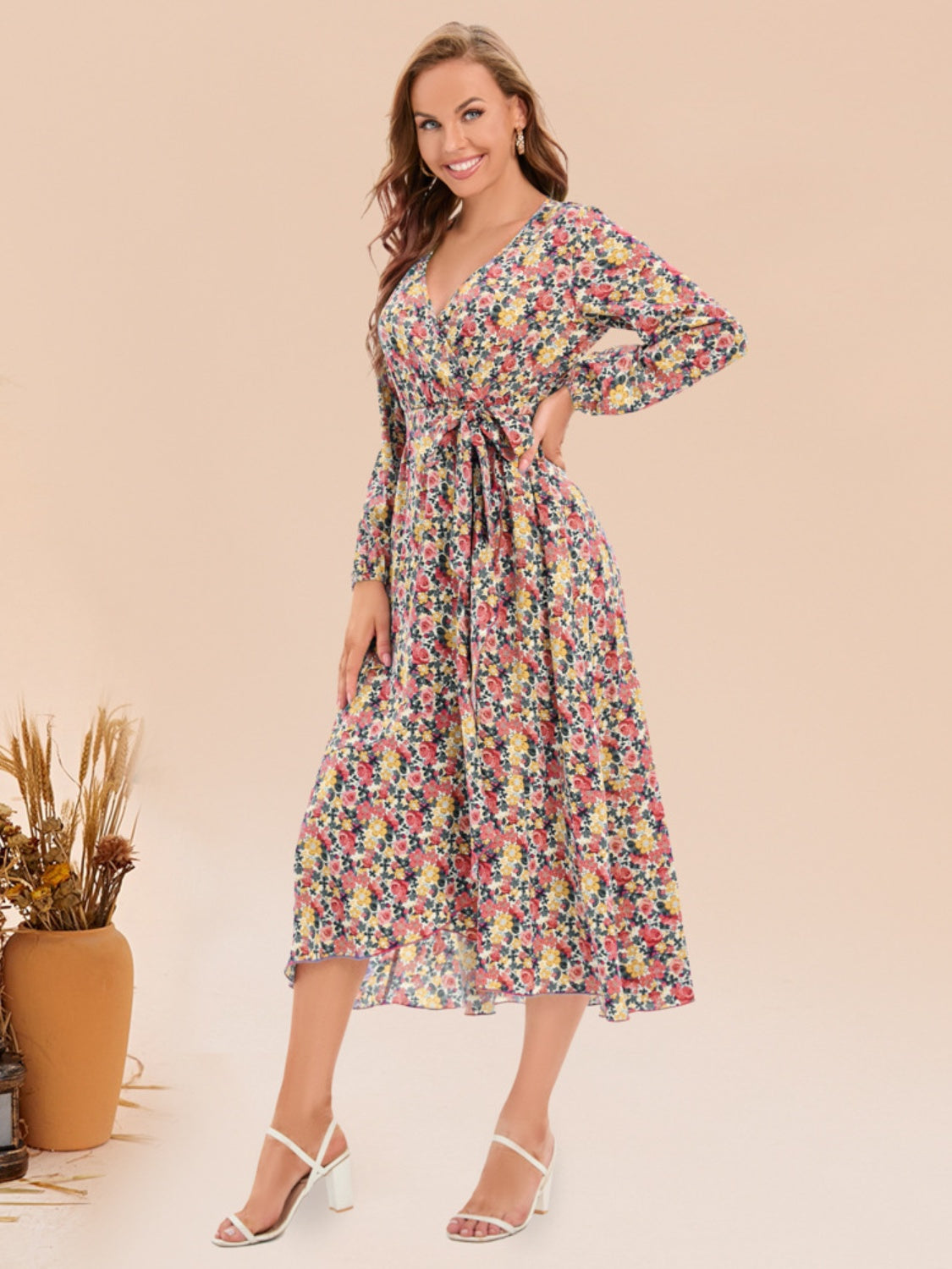 Full Size Printed Surplice Long Sleeve Dress - AllIn Computer