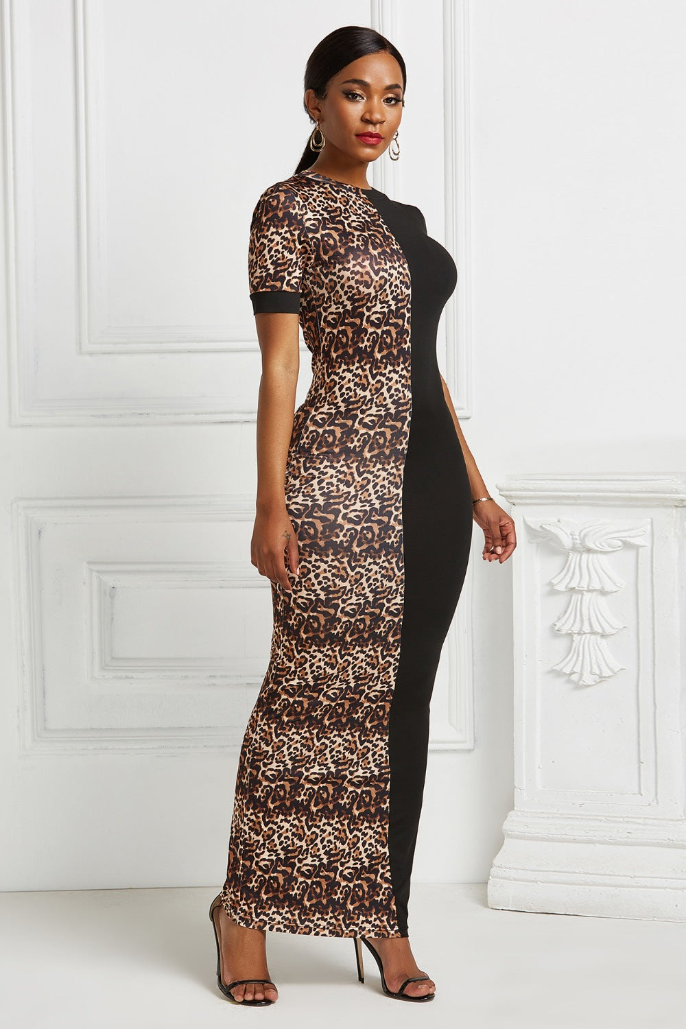 Two-Tone Round Neck Short Sleeve Maxi Dress - AllIn Computer