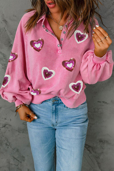 Heart Sequin Half Snap Collared Neck Sweatshirt - AllIn Computer