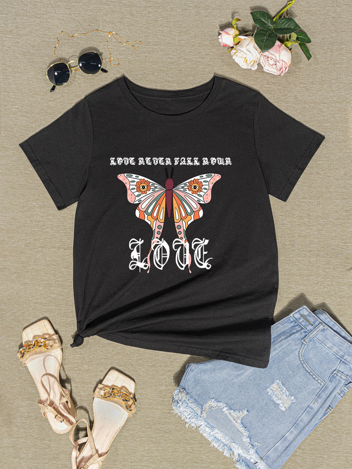 Butterfly Round Neck Short Sleeve T-Shirt - AllIn Computer