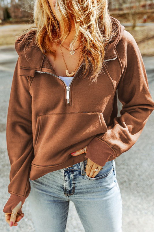 Double Take Half-Zip Thumbhole Sleeve Hoodie - AllIn Computer