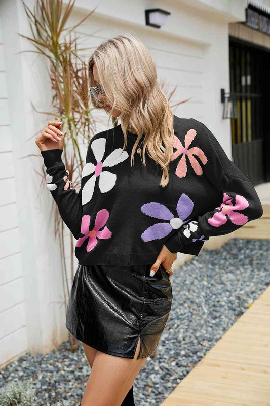 Flower Round Neck Drop Shoulder Sweater - AllIn Computer