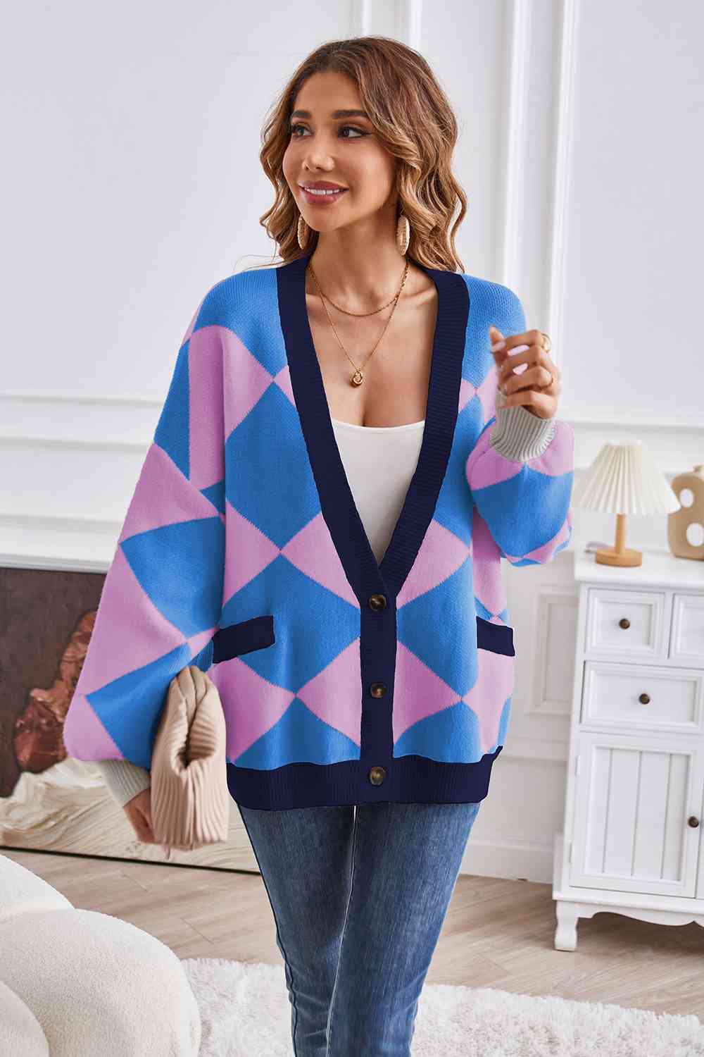 Geometric Lantern Sleeve Cardigan with Pockets - AllIn Computer