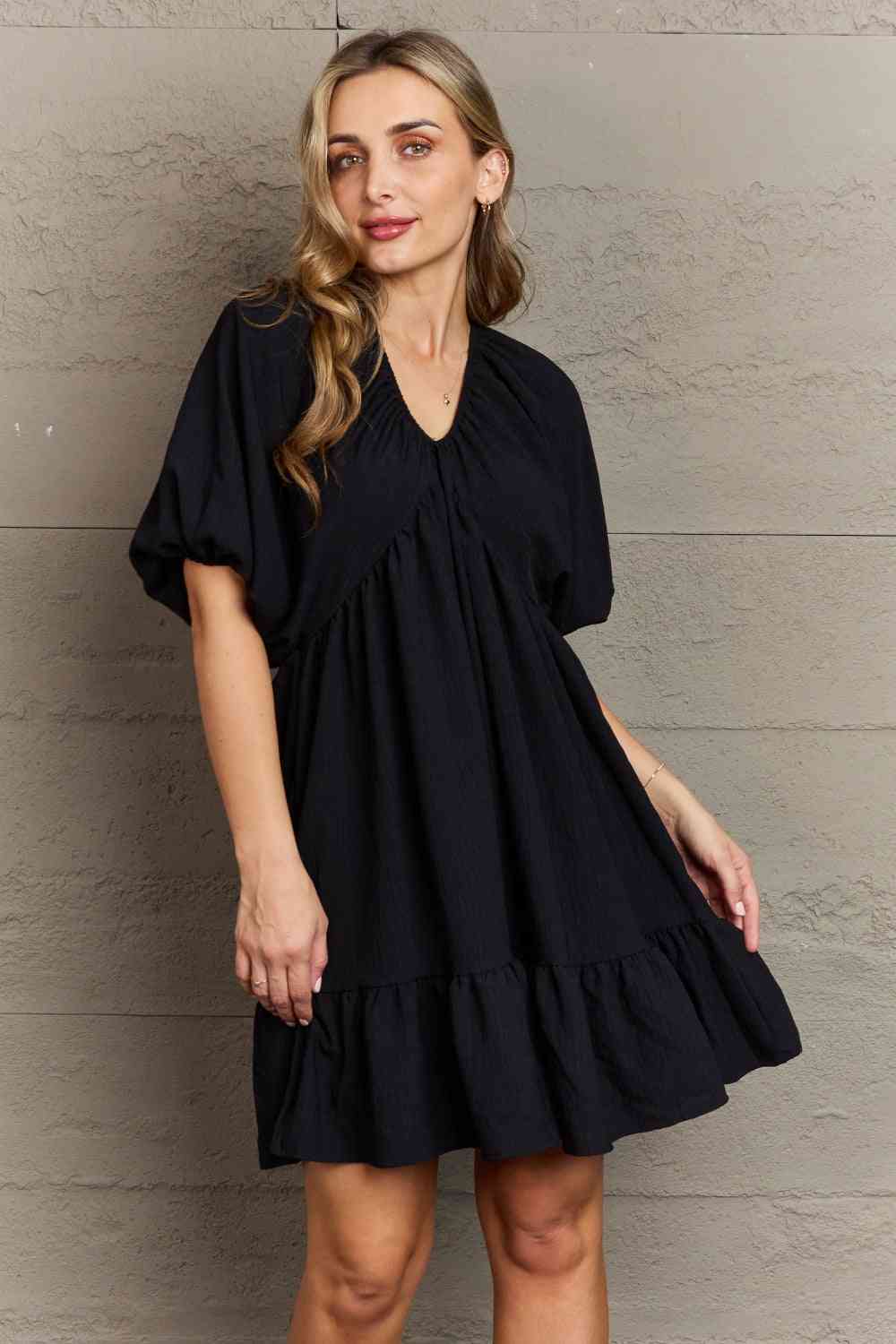 Hailey & Co Comfort Cutie Double V-Neck Puff Sleeve Mini Dress - AllIn Computer