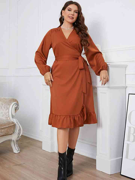 Plus Size Surplice Neck Tie Waist Dress - AllIn Computer