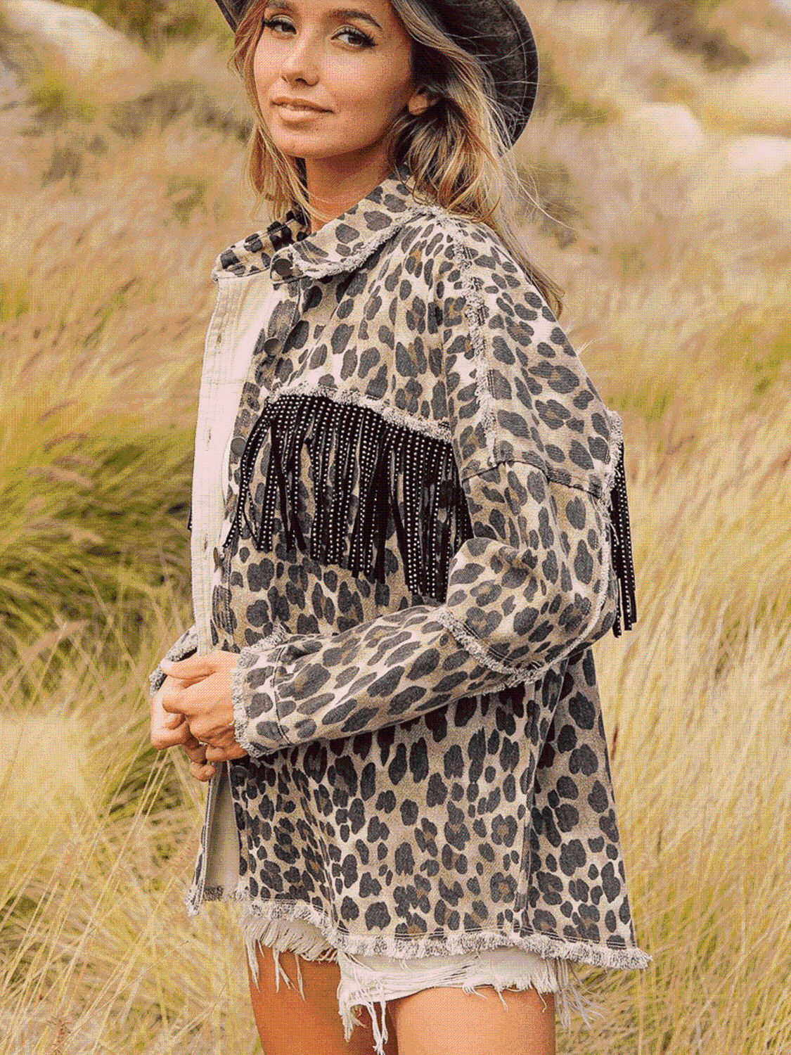 Leopard Fringe Detail Collared Neck Denim Jacket - AllIn Computer