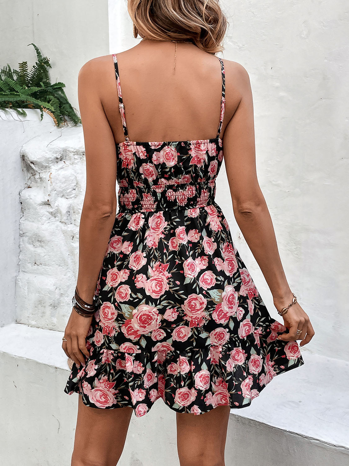 Tied Rose Print Spaghetti Strap Dress - AllIn Computer