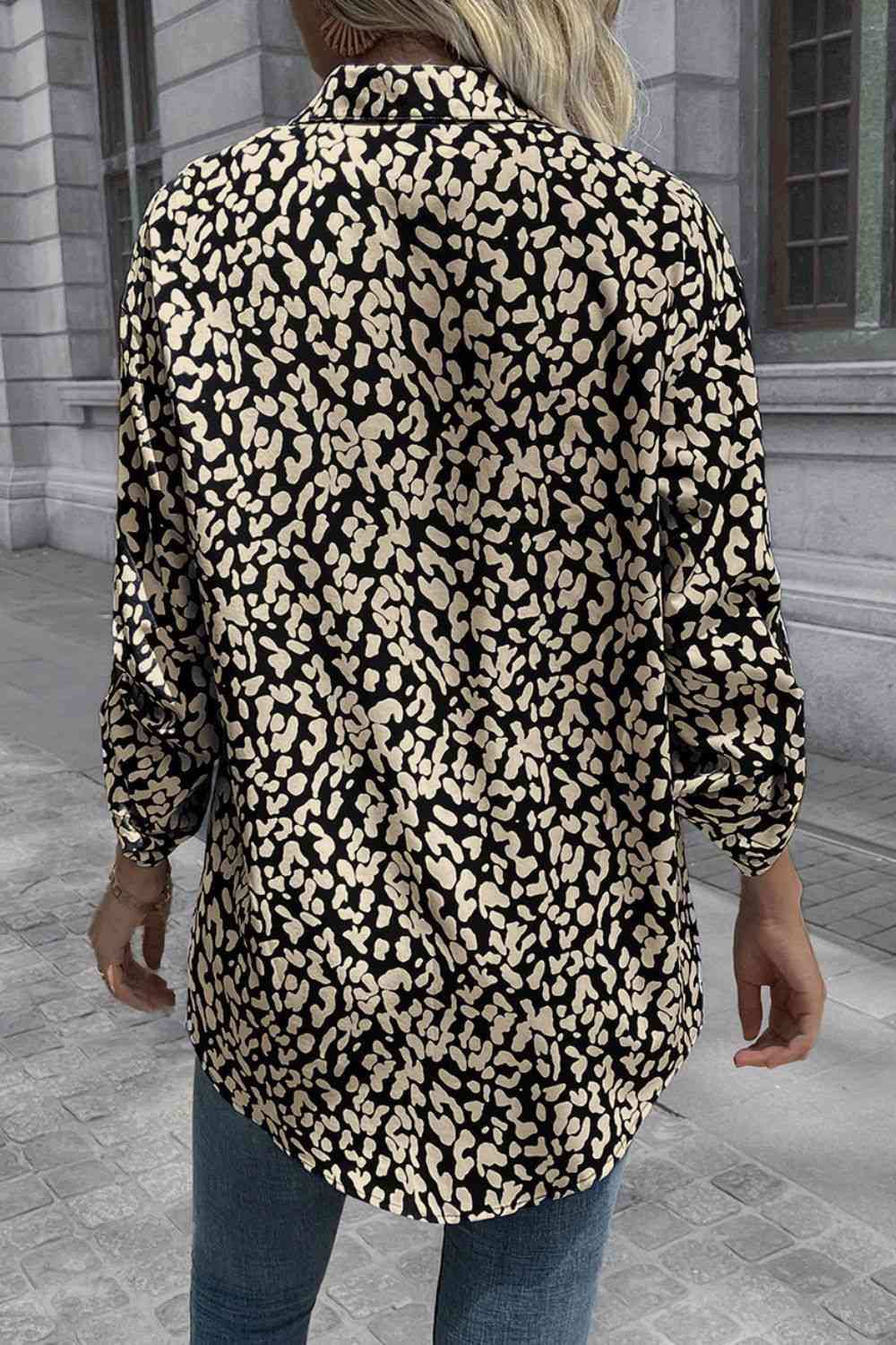 Double Take Leopard Roll-Tap Sleeve Shirt - AllIn Computer