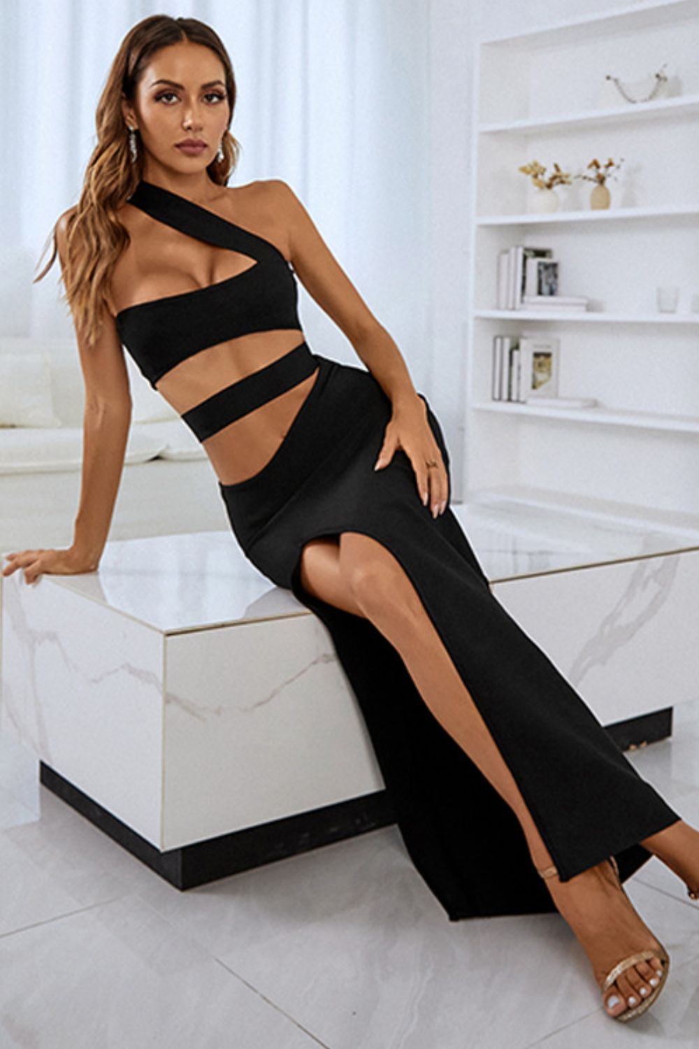 One-Shoulder Cutout Front Split Maxi Dress - AllIn Computer