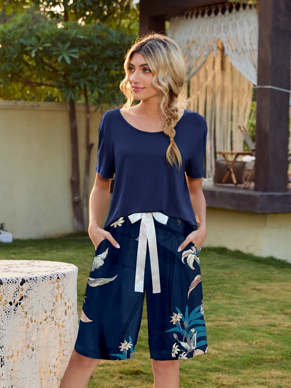 Short Sleeve Top and Printed Shorts Lounge Set - AllIn Computer
