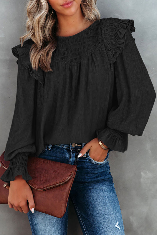 Smocked Flounce Sleeve Blouse - AllIn Computer