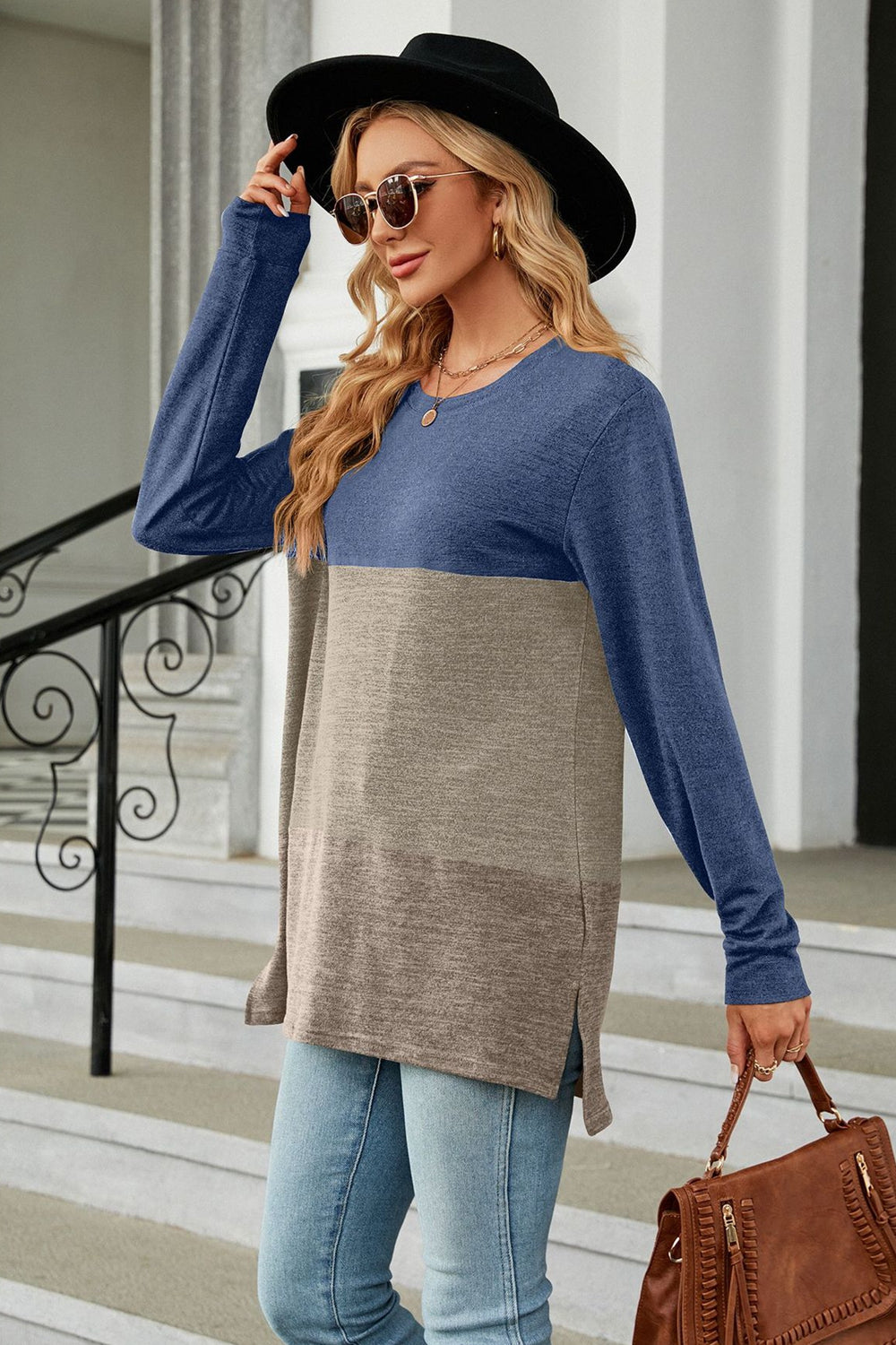 Color Block Round Neck Long Sleeve Slit T-Shirt - AllIn Computer