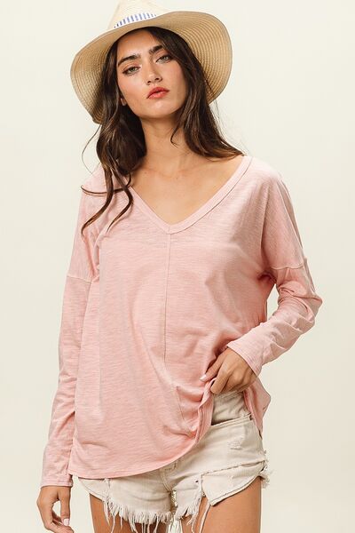 BiBi Exposed Seam V-Neck Long Sleeve T-Shirt - AllIn Computer