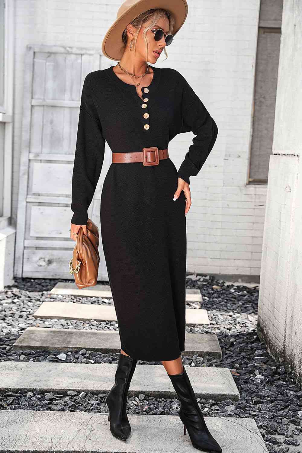 Notched Neck Dropped Shoulder Button-Down Midi Dress - AllIn Computer