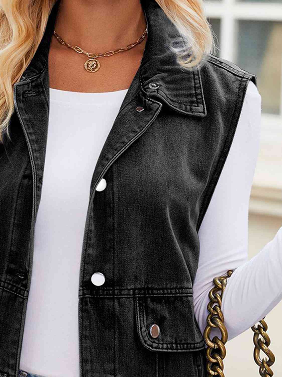 Button Up Collared Neck Denim Jacket with Pockets - AllIn Computer