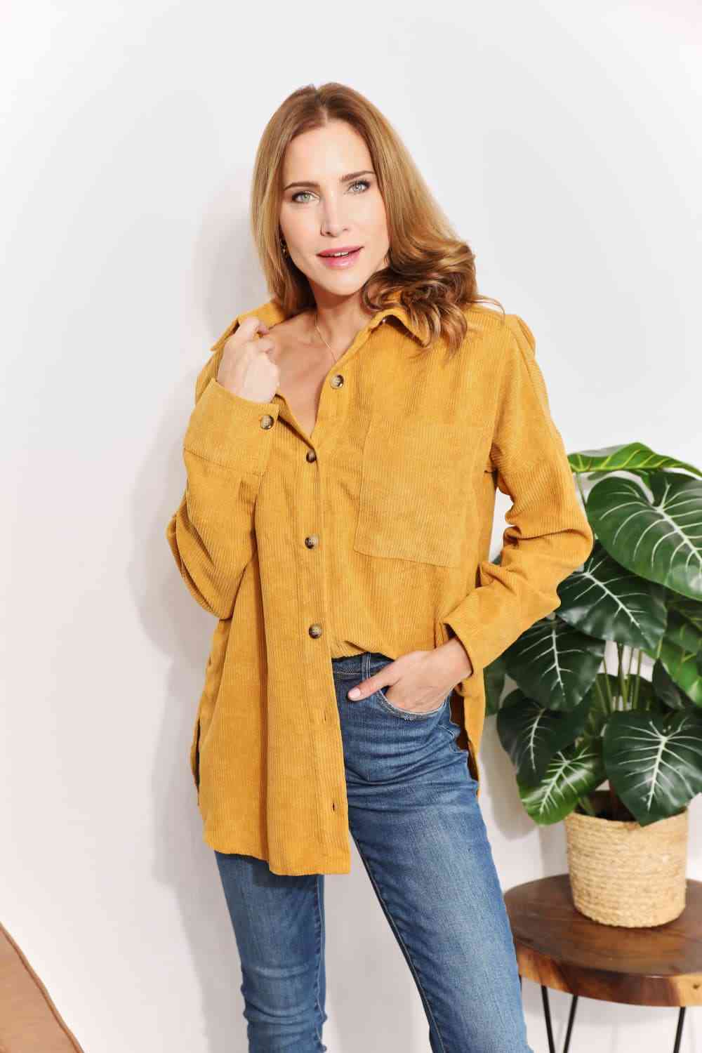 HEYSON Full Size Oversized Corduroy  Button-Down Tunic Shirt with Bust Pocket - AllIn Computer