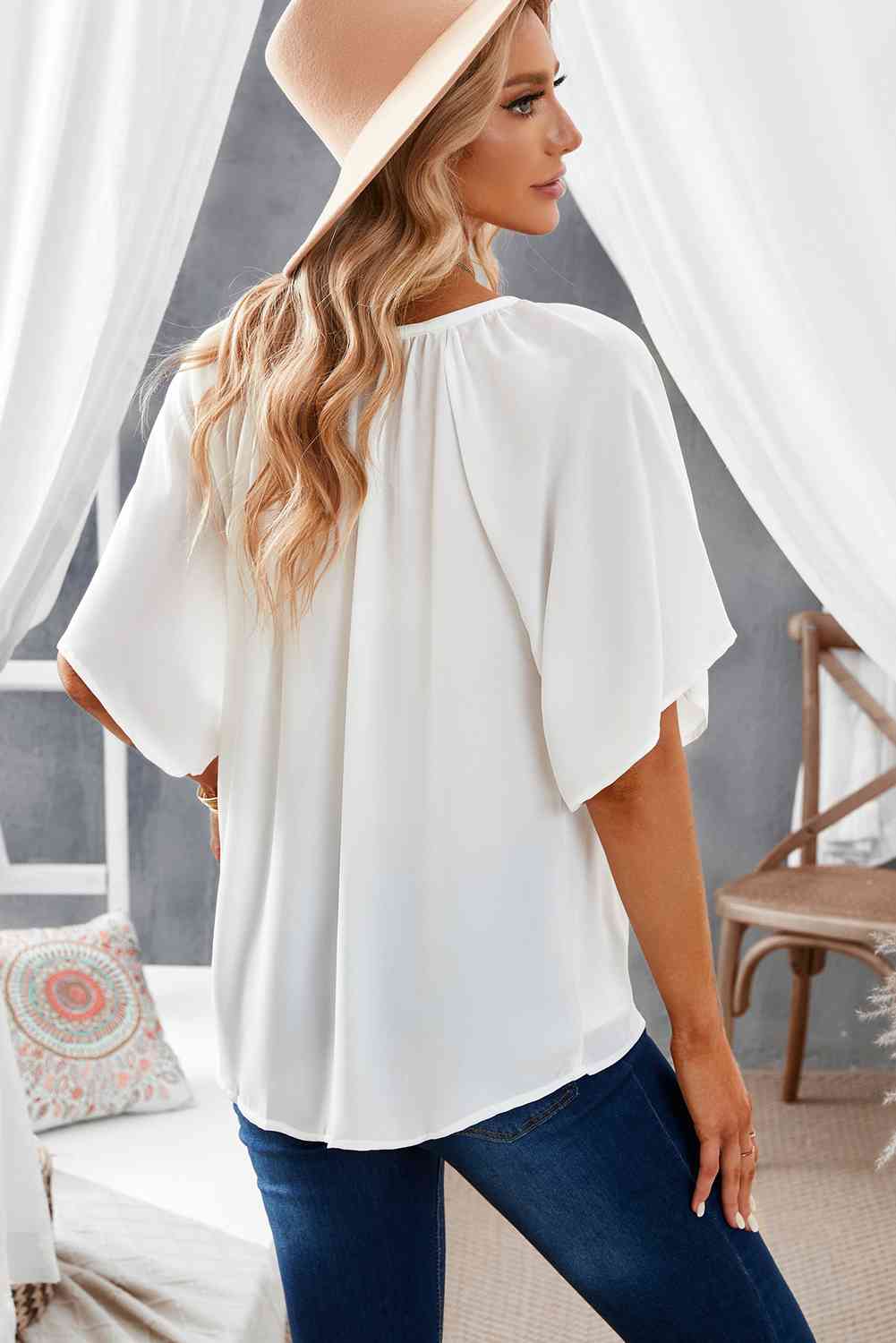 Gathered Detail Notched Neck Flutter Sleeve Top - AllIn Computer