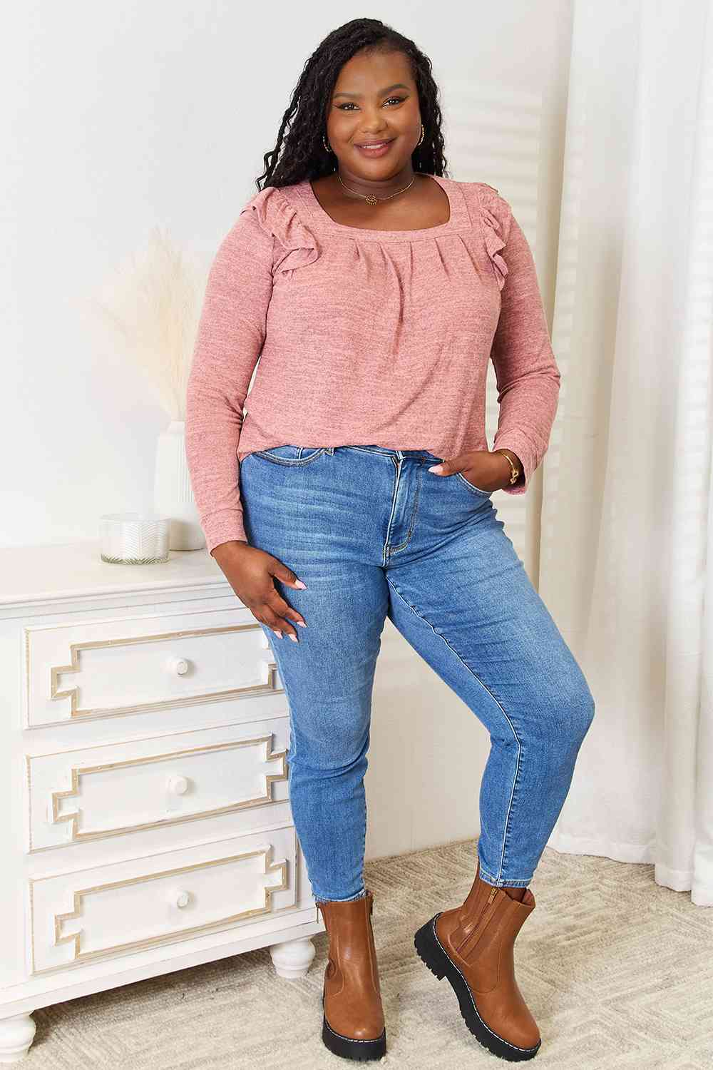Double Take Square Neck Ruffle Shoulder Long Sleeve T-Shirt - AllIn Computer