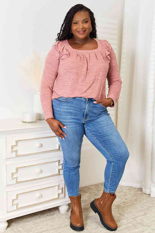Double Take Square Neck Ruffle Shoulder Long Sleeve T-Shirt - AllIn Computer