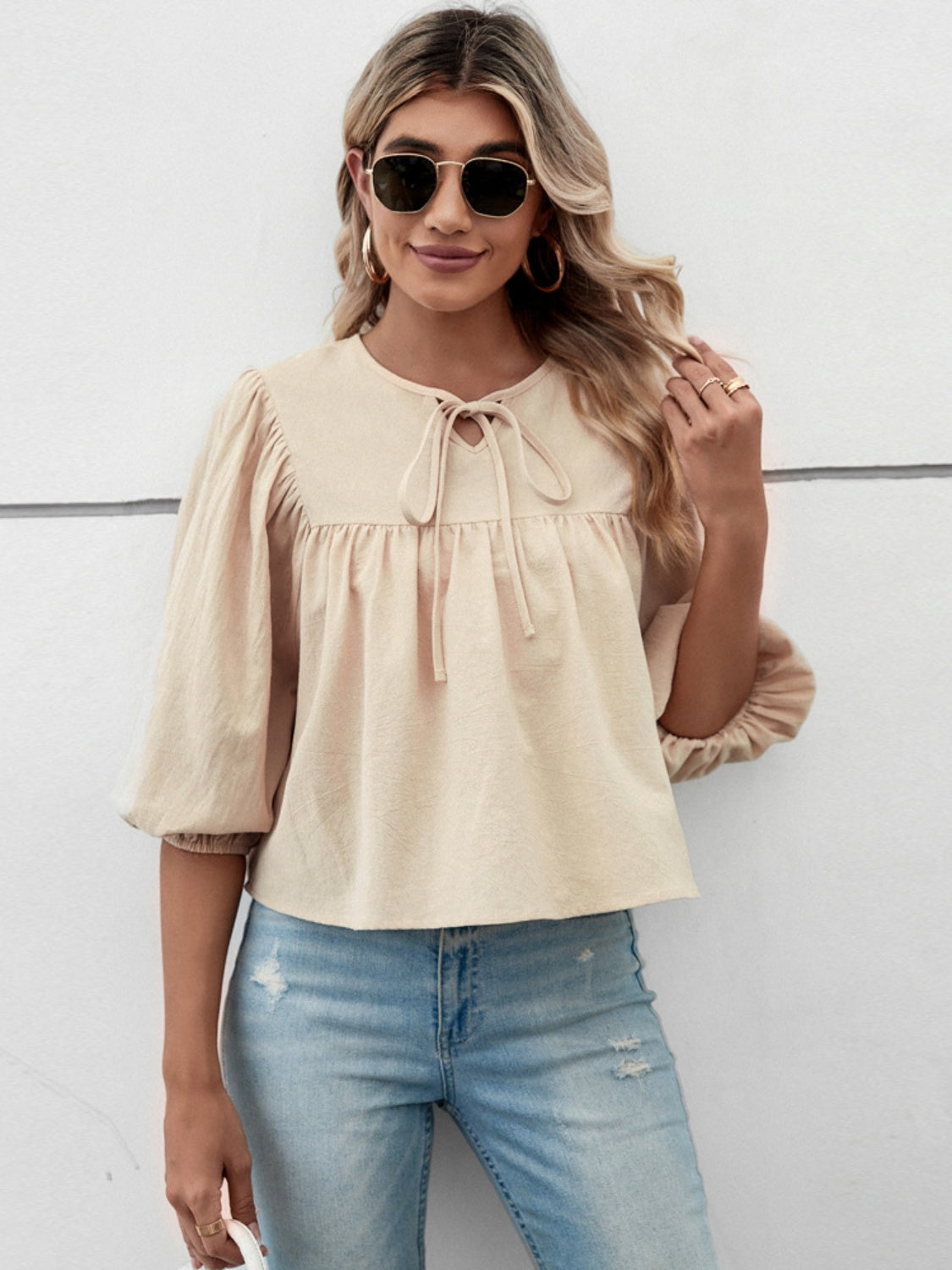 Tie Neck Balloon Sleeve Blouse - AllIn Computer